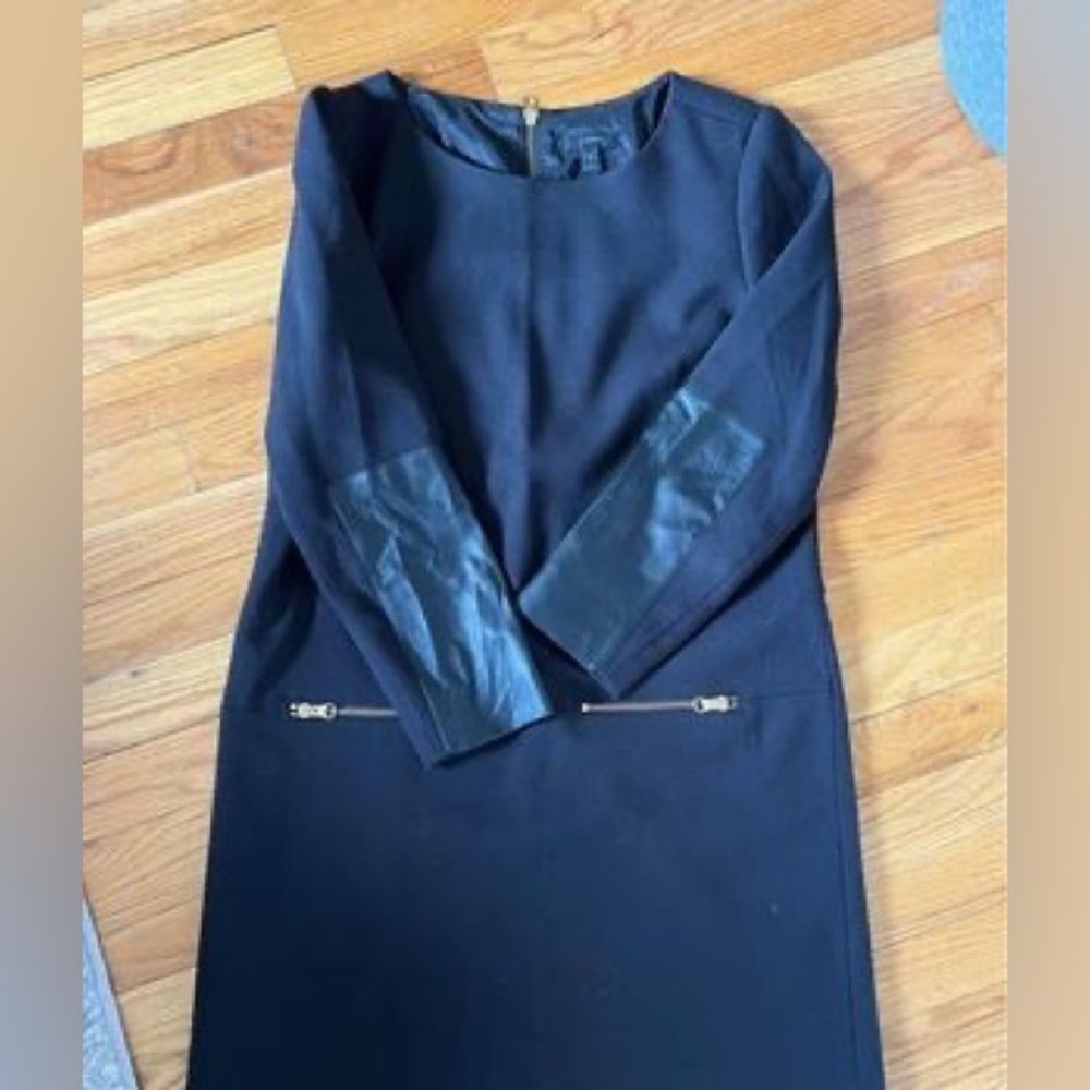 Black Lined Shift Dress w/ Leather Sleeves
